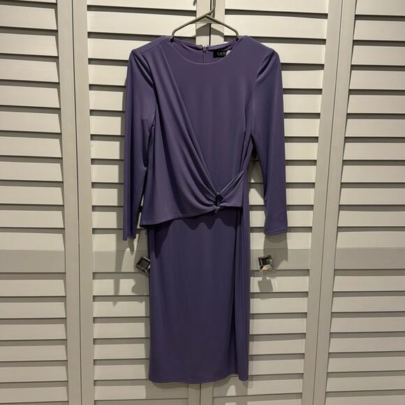 LAUREN Ralph Lauren NWT MIDI Faux Wrap Purple Dress with Silver Ring. - Picture 2 of 9